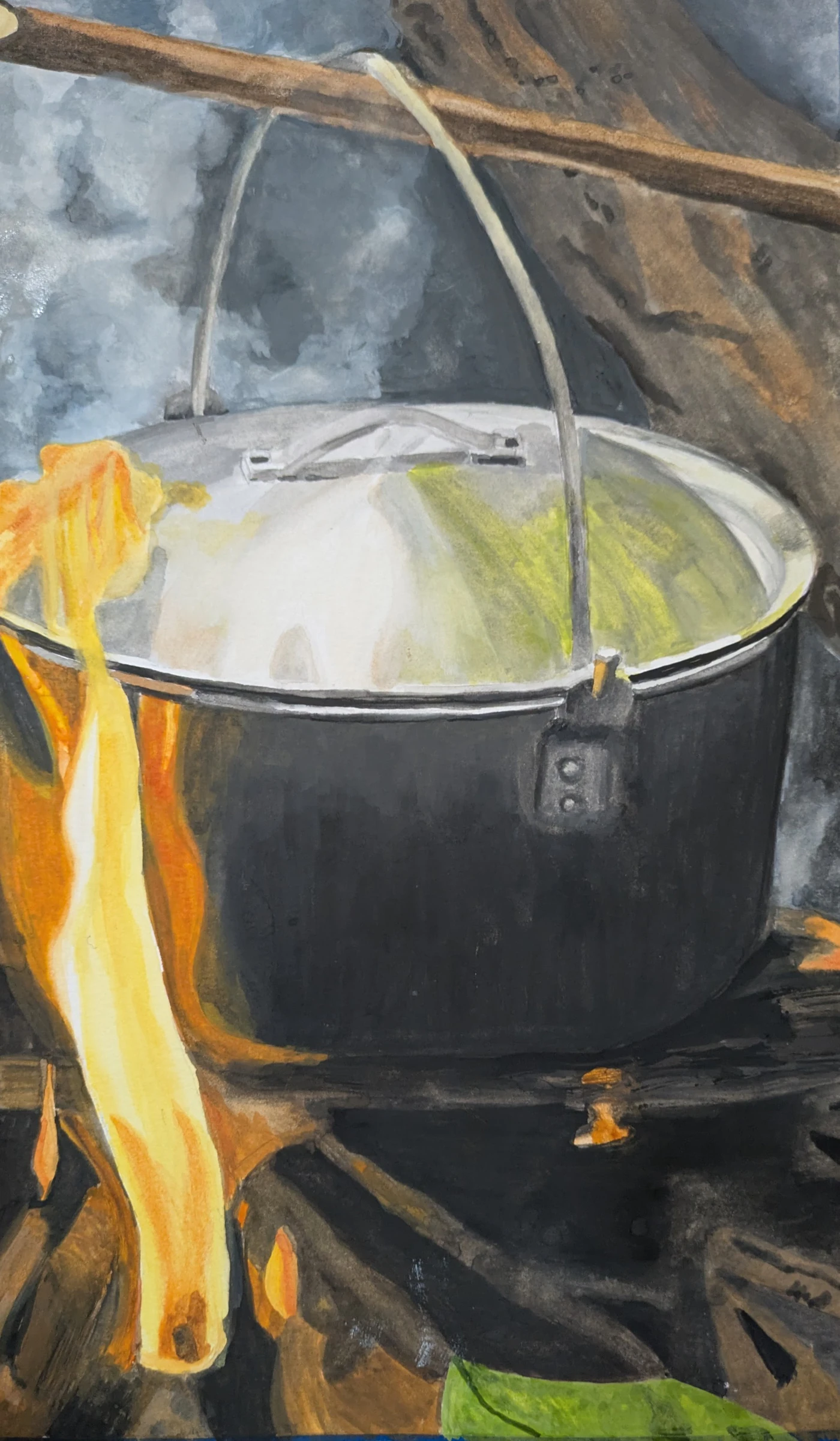 Painting of a black cast-iron pot hanging over an open fire, with flames rising at the left.