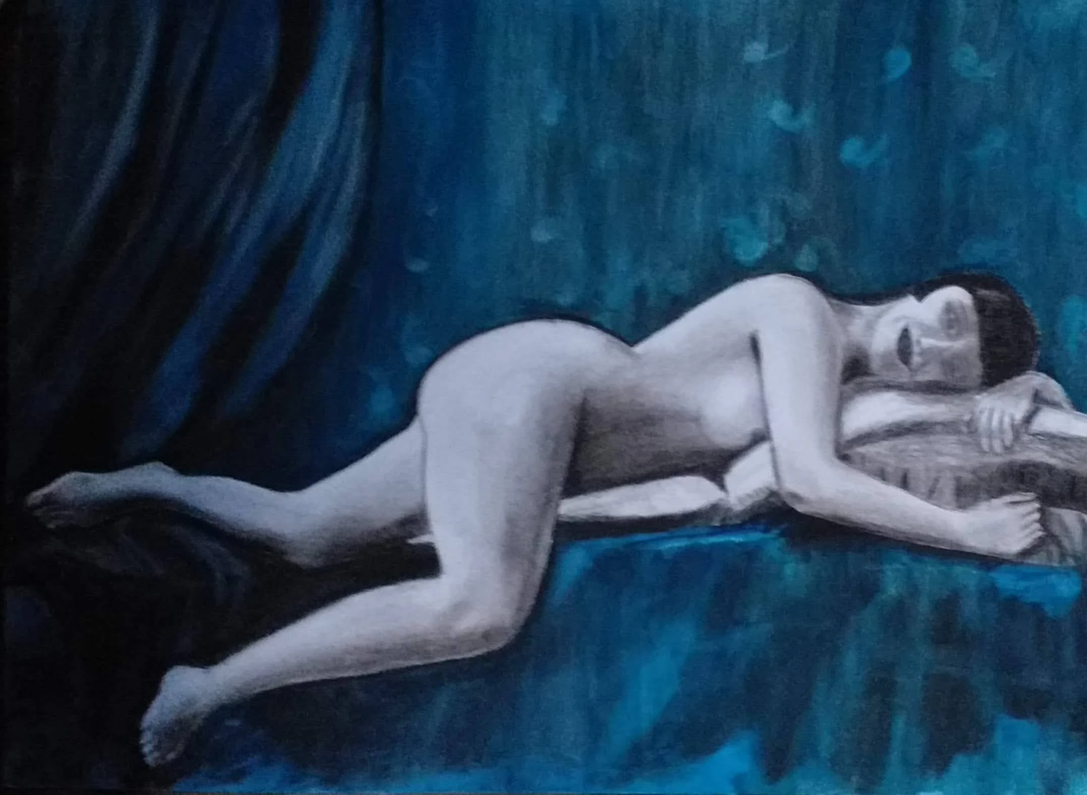 Painting of a reclining nude figure rendered in soft grayscale against a deep teal background.
