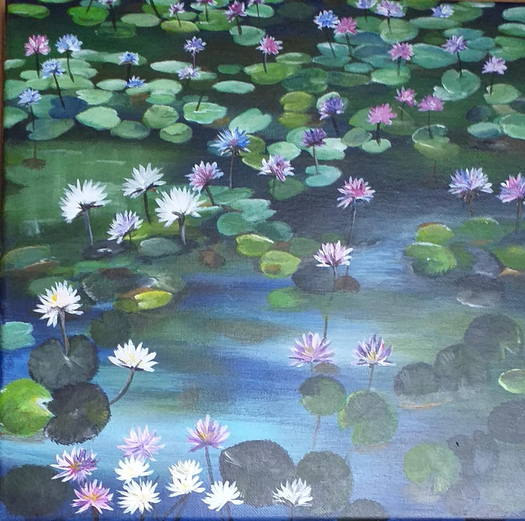 Acrylic painting of pink and white water lilies floating among lily pads on a blue-green pond.