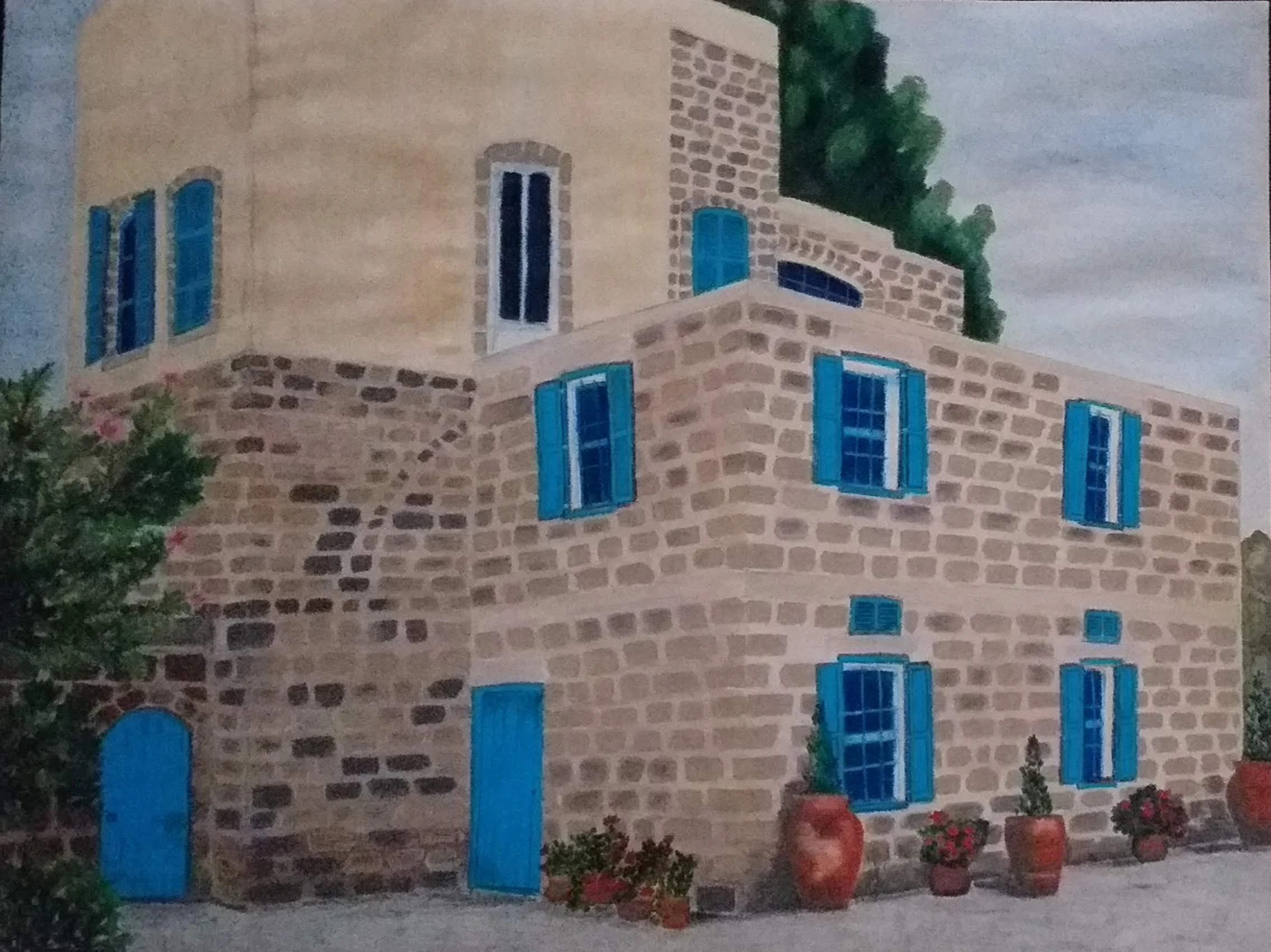 Watercolour painting of a two-storey stone mansion with blue doors and shuttered windows, with terracotta flower pots along the wall.