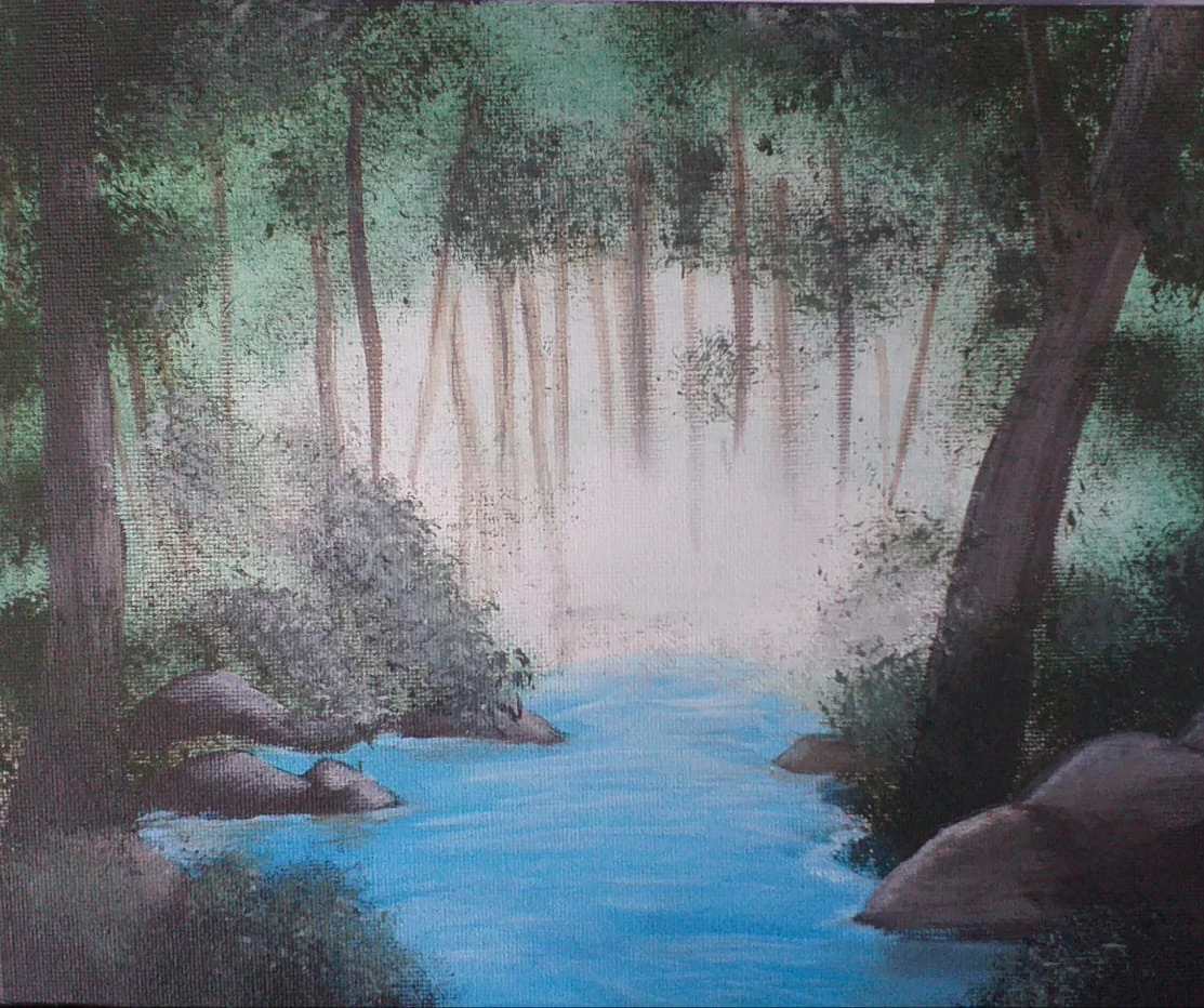 Acrylic painting of a misty forest with a pale blue stream winding between the trees.