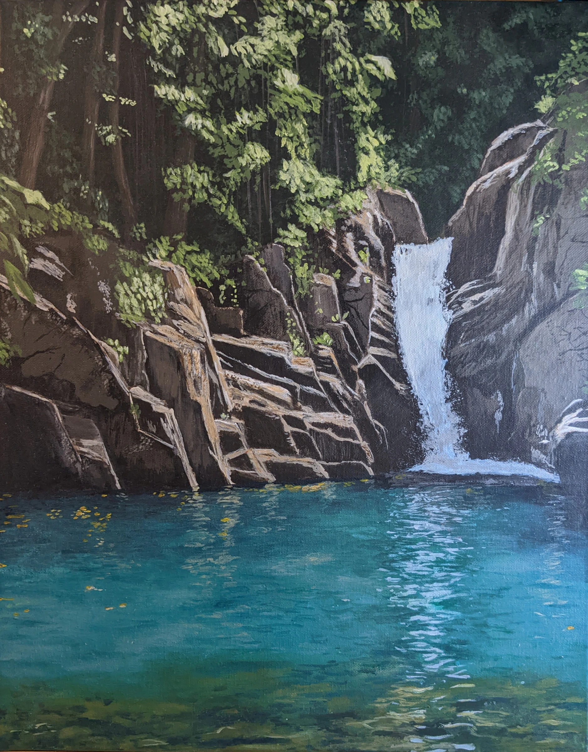 Acrylic landscape of a waterfall spilling into a turquoise pool surrounded by dark rocks and lush green foliage.