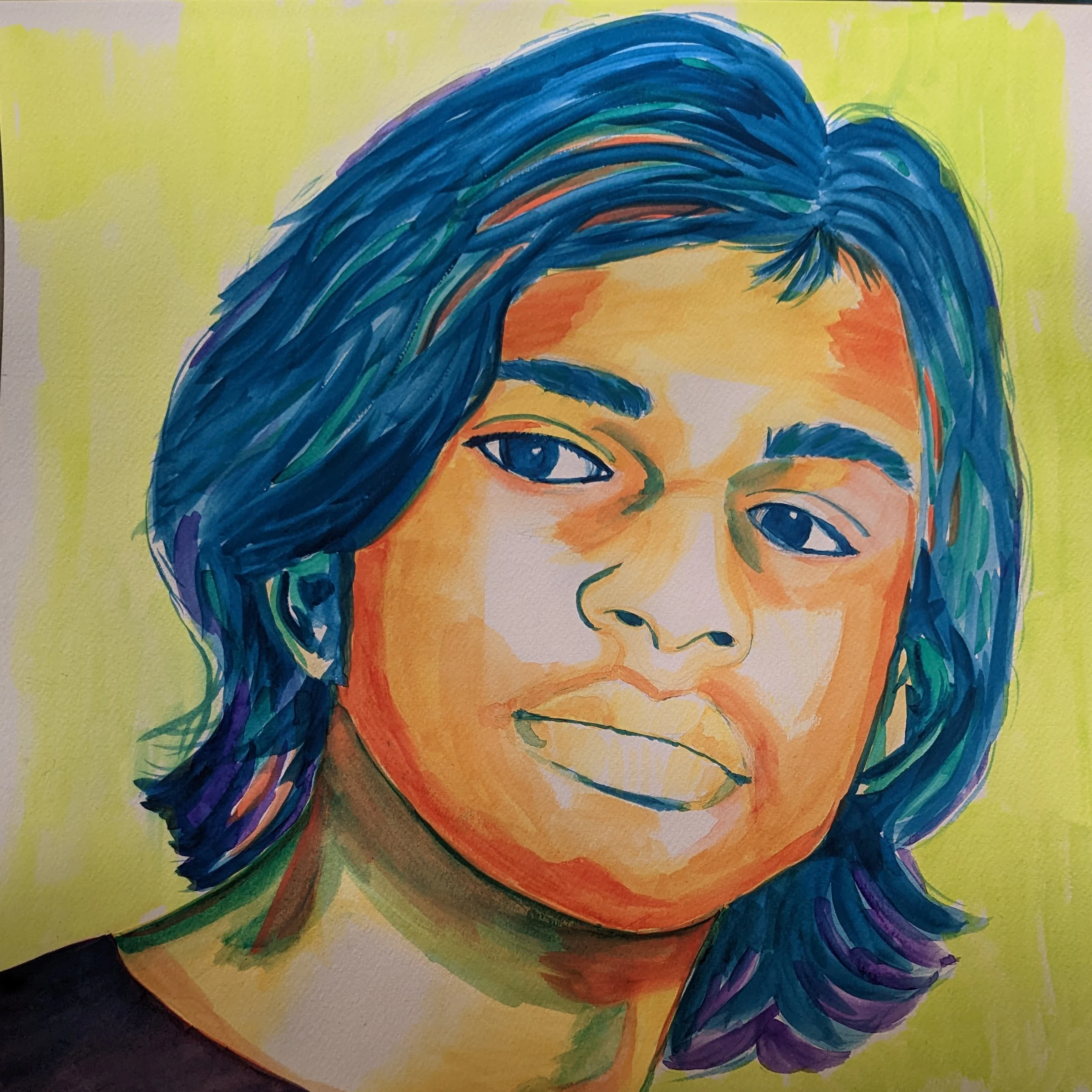 Expressive portrait of a person with teal-blue hair and a warm gold face on a chartreuse background.