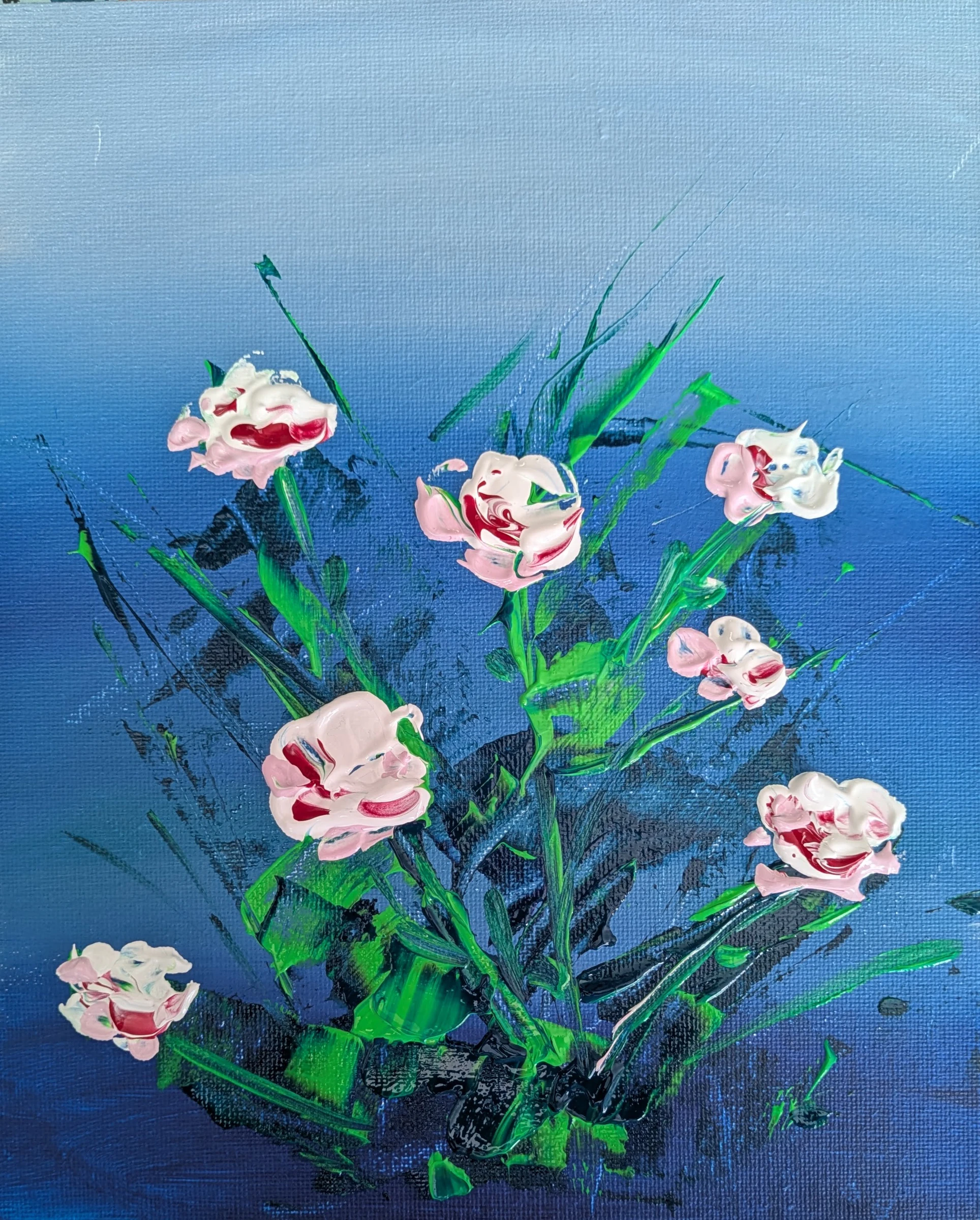 Impasto acrylic painting of pink roses with thickly textured petals and green stems on a deep blue background.