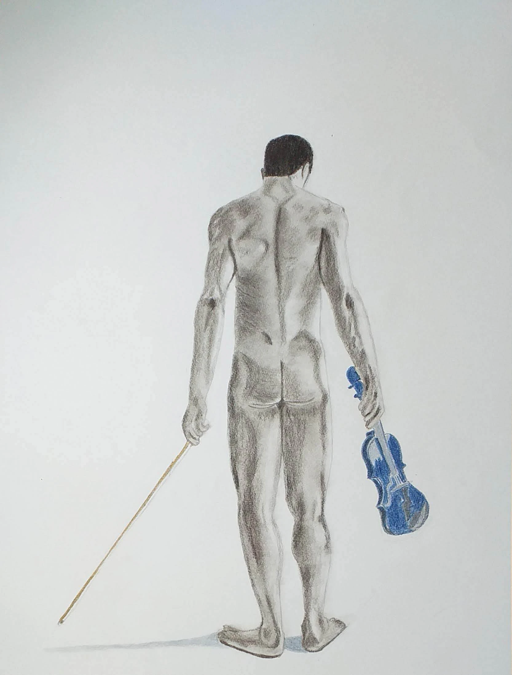 Graphite drawing of a standing figure seen from behind, holding a bow and a blue violin.